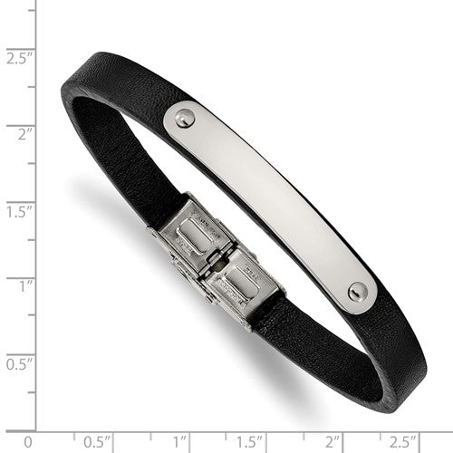 Stainless Steel Polished Black Leather ID Bracelet 8.5 Inches