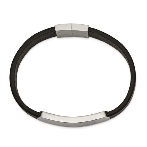 Stainless Steel Brushed & Polished Black Leather ID Bracelet