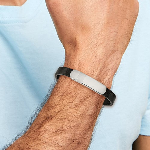 Stainless Steel Brushed & Polished Black Leather ID Bracelet