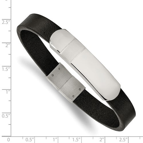 Stainless Steel Brushed & Polished Black Leather ID Bracelet