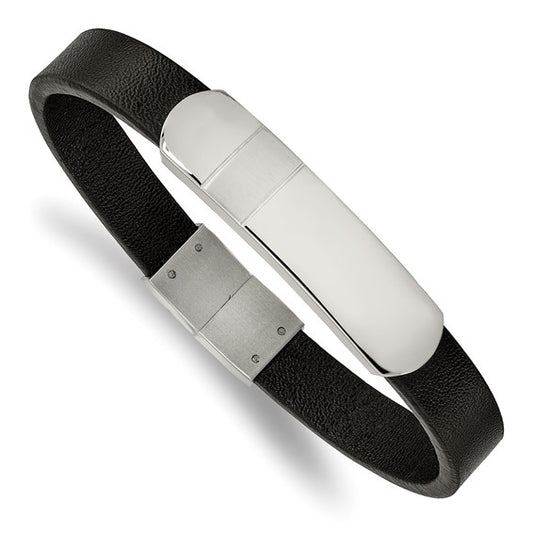 Stainless Steel Brushed & Polished Black Leather ID Bracelet