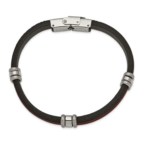 Stainless Steel Polished Black & Brown Leather 8.25 inch Bracelet
