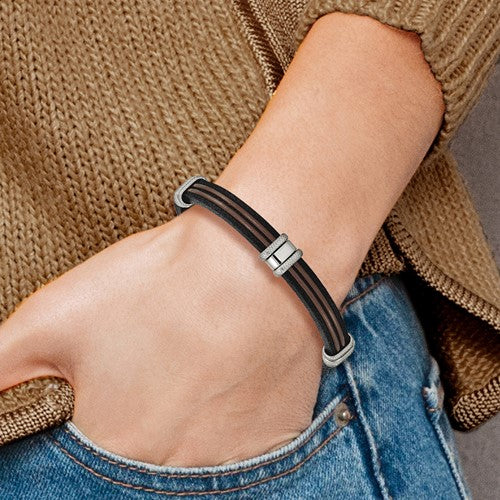 Stainless Steel Polished Black & Brown Leather 8.25 inch Bracelet