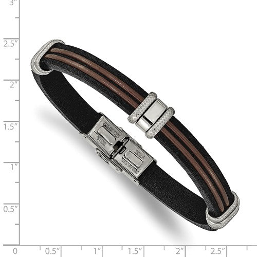Stainless Steel Polished Black & Brown Leather 8.25 inch Bracelet