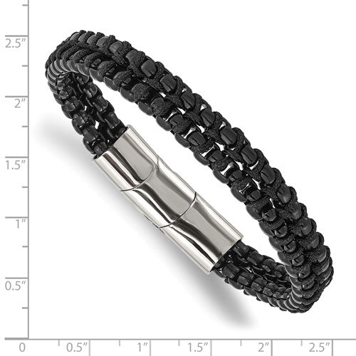 Stainless Steel Black IP Plated w/ Black Cotton Bracelet