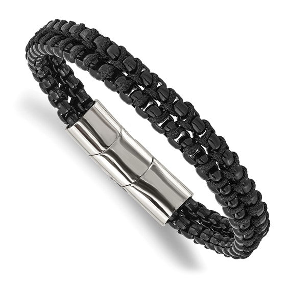 Stainless Steel Black IP Plated w/ Black Cotton Bracelet