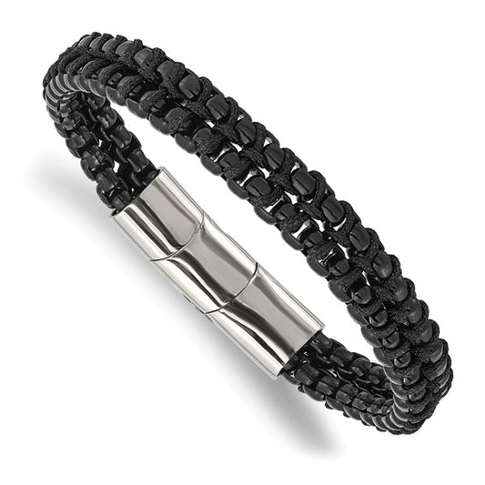 Stainless Steel Black IP Plated w/ Black Cotton Bracelet