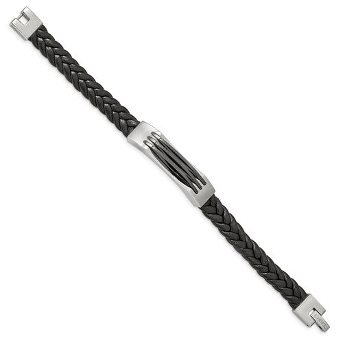 Stainless Steel Black Braided Leather Bracelet