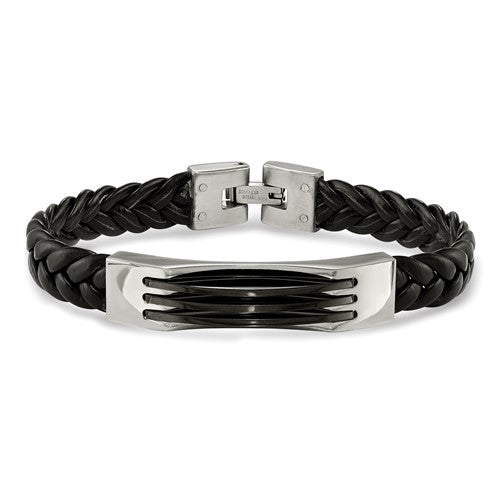 Stainless Steel Black Braided Leather Bracelet