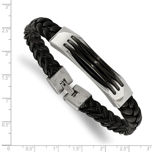 Stainless Steel Black Braided Leather Bracelet