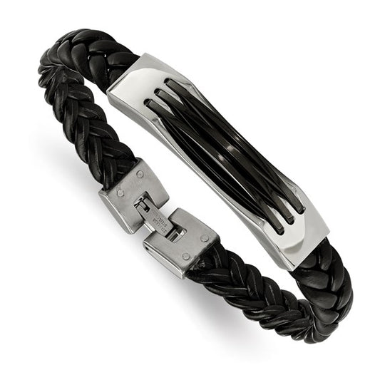 Stainless Steel Black Braided Leather Bracelet