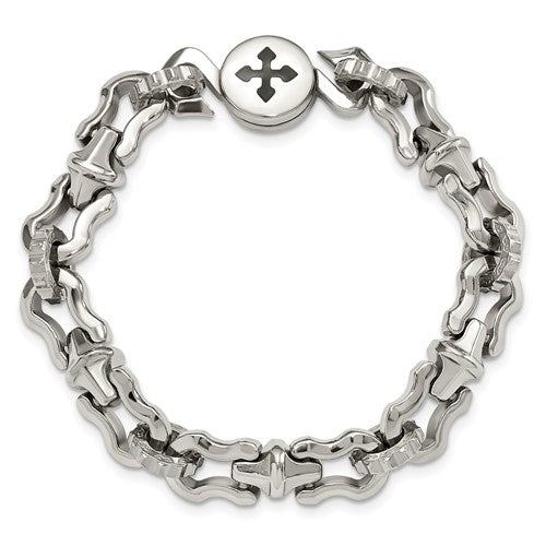 Stainless Steel Polished w/ Black Rubber Cross Bracelet