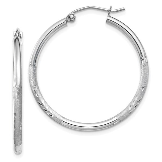 14k White Gold Diamond-Cut 2mm Round Hoop Earrings 30 mm x 30 mm
