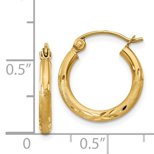 14k Diamond-Cut 2 mm Round Hoop Earrings 15 mm