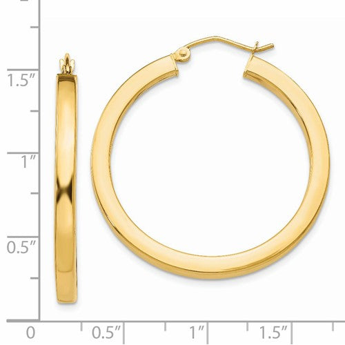 14k 3mm Square Tube Round Hoop Earrings - 35 mm