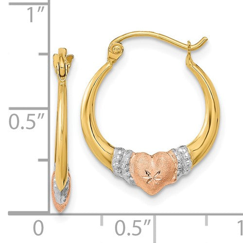 14k Tri-Color Heart Hoop Earrings