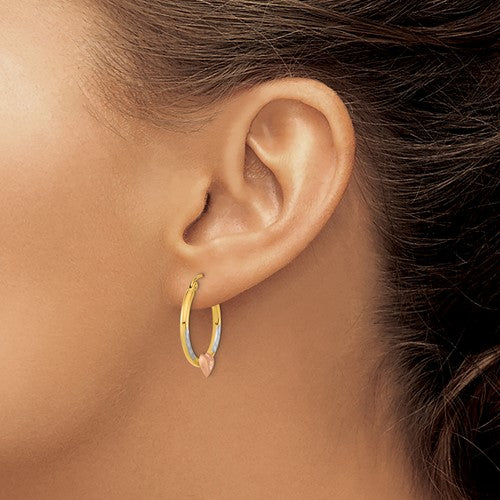 14k Tri-Color Heart Hoop Earrings