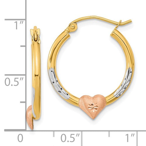 14k Tri-Color Heart Hoop Earrings