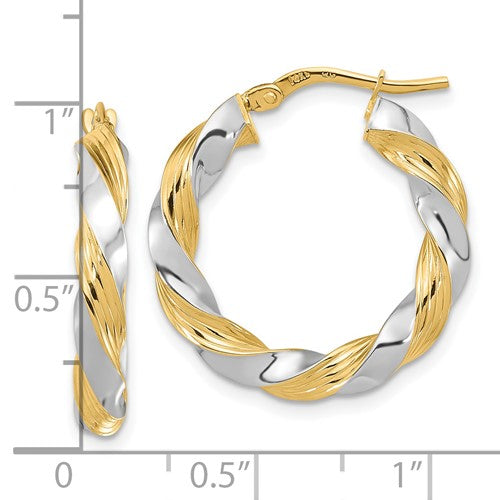 14k Two-Tone Twisted Hoop Earrings - 25 mm