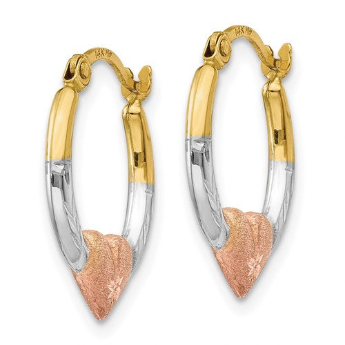 14k Tri-Color Heart Hoop Earrings