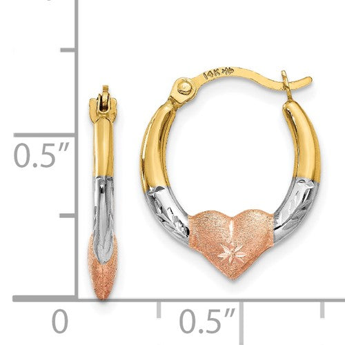 14k Tri-Color Heart Hoop Earrings