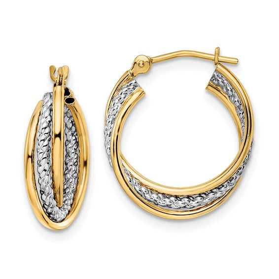14k Two-Tone Polished Textured Hoop Earrings