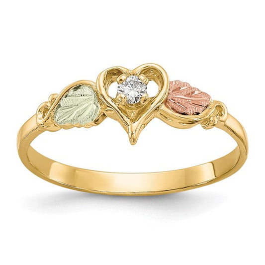 10k Tri-Color Gold Diamond Heart Ring w/ 12k Green & Rose Gold Leaf Accents - 0.05ct TDW