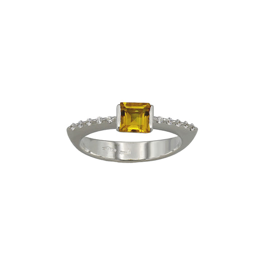 18k White Gold Princess-Cut Citrine Stone & CZ Ring