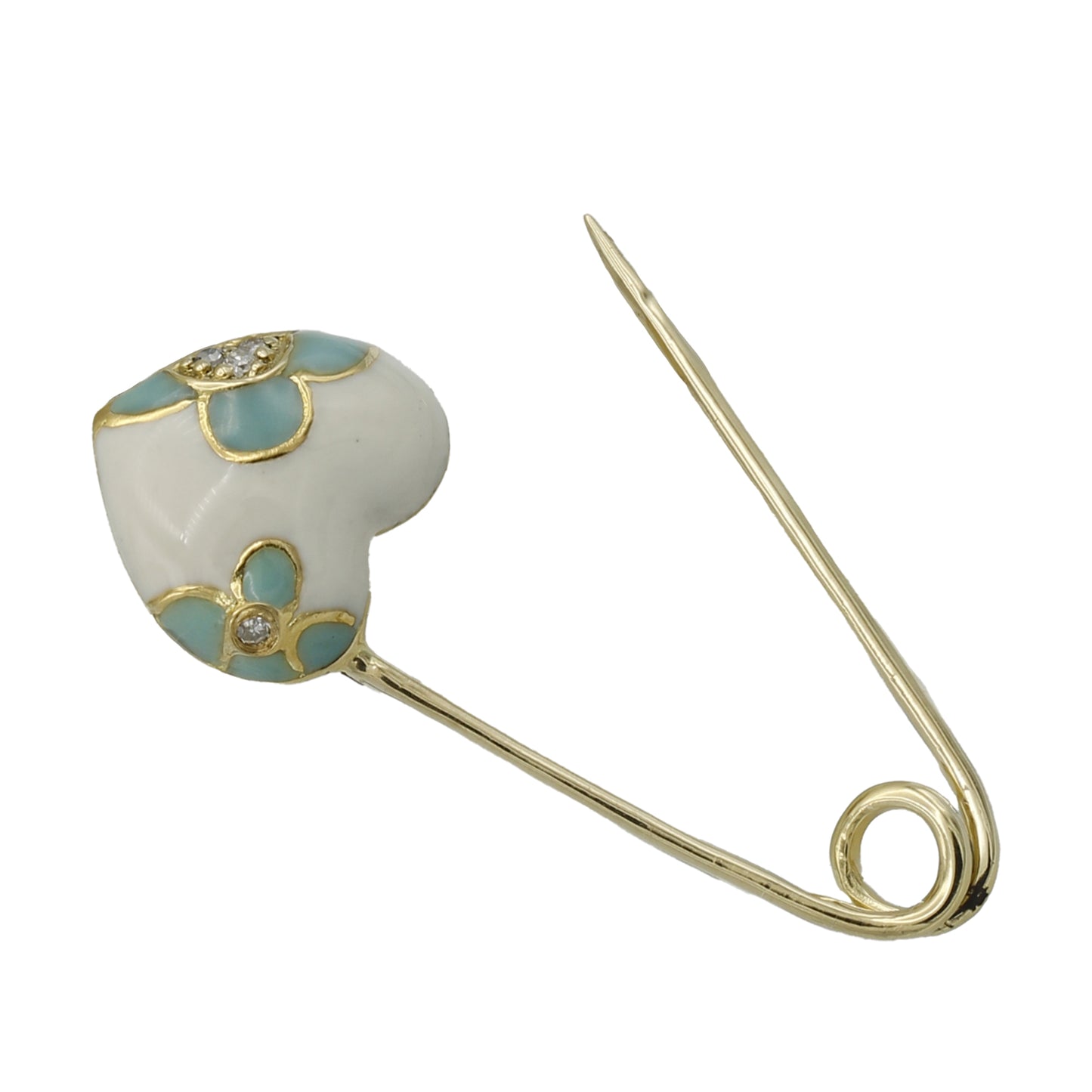 18k Yellow Gold Blue & White Enameled Diamond Heart Safety Pin Brooch