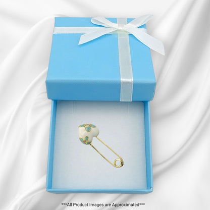 18k Yellow Gold Blue & White Enameled Diamond Heart Safety Pin Brooch