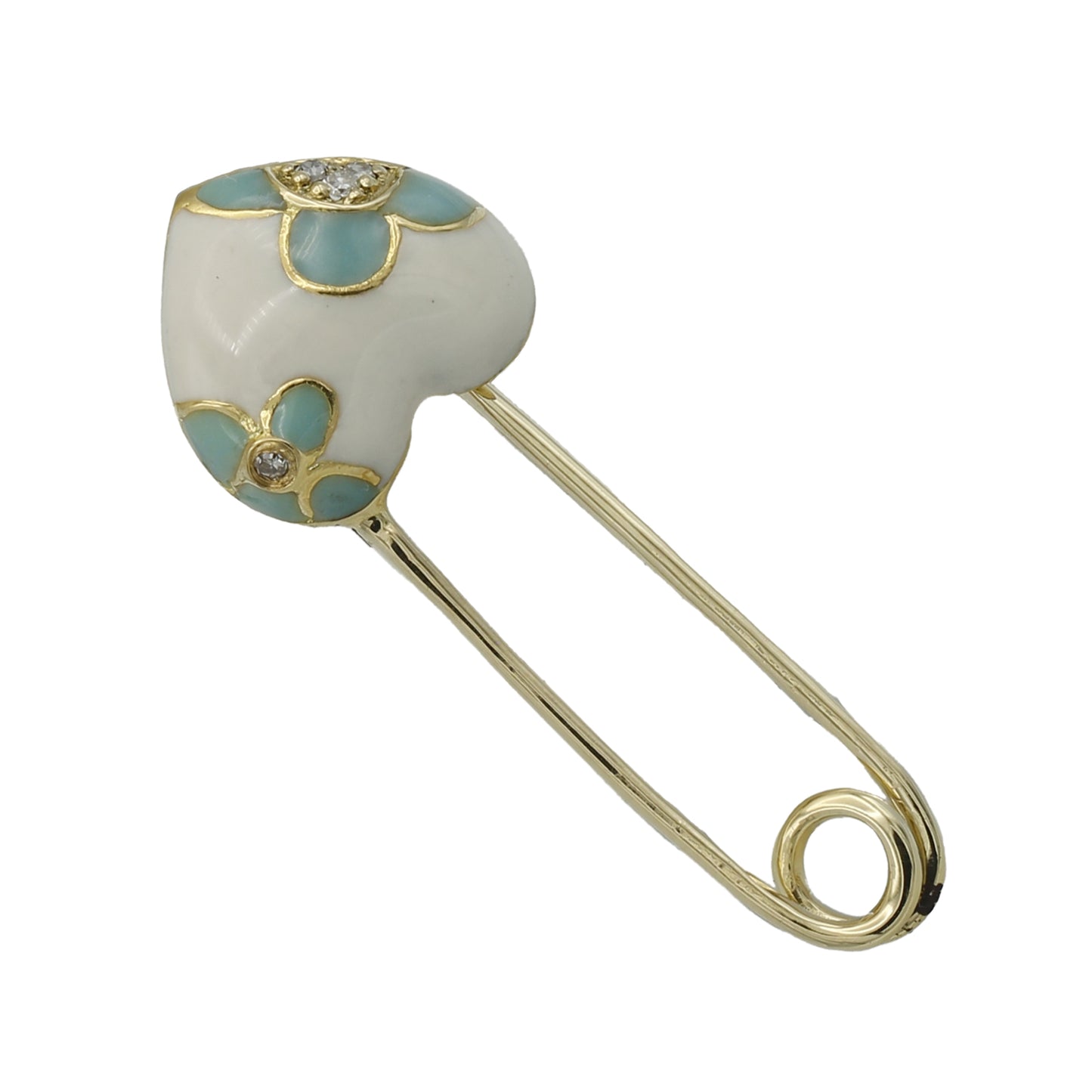 18k Yellow Gold Blue & White Enameled Diamond Heart Safety Pin Brooch