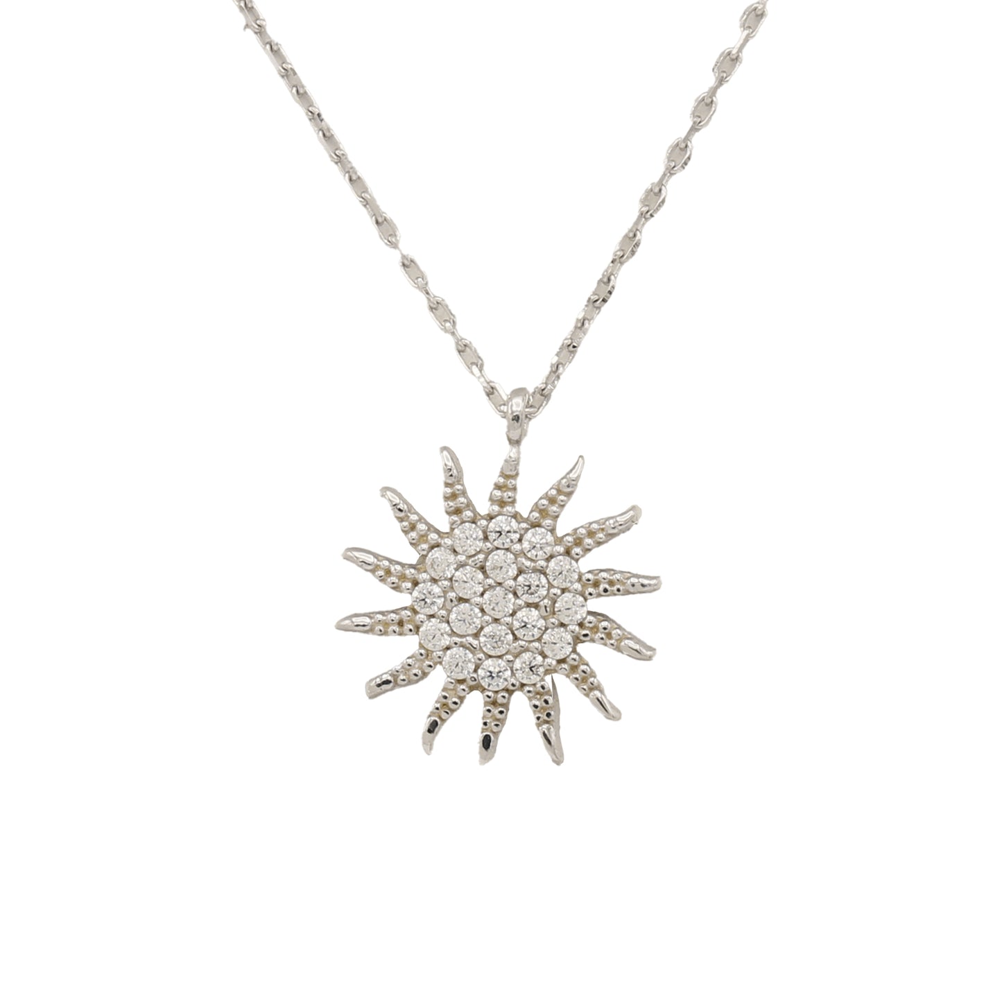 14k White Gold CZ Sun Necklace