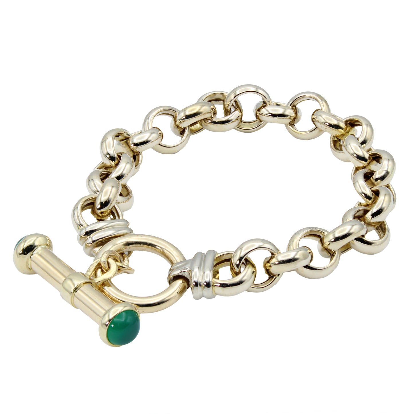 14k Two-Tone Gold Cabochon Emerald Rolo Link Style Bracelet