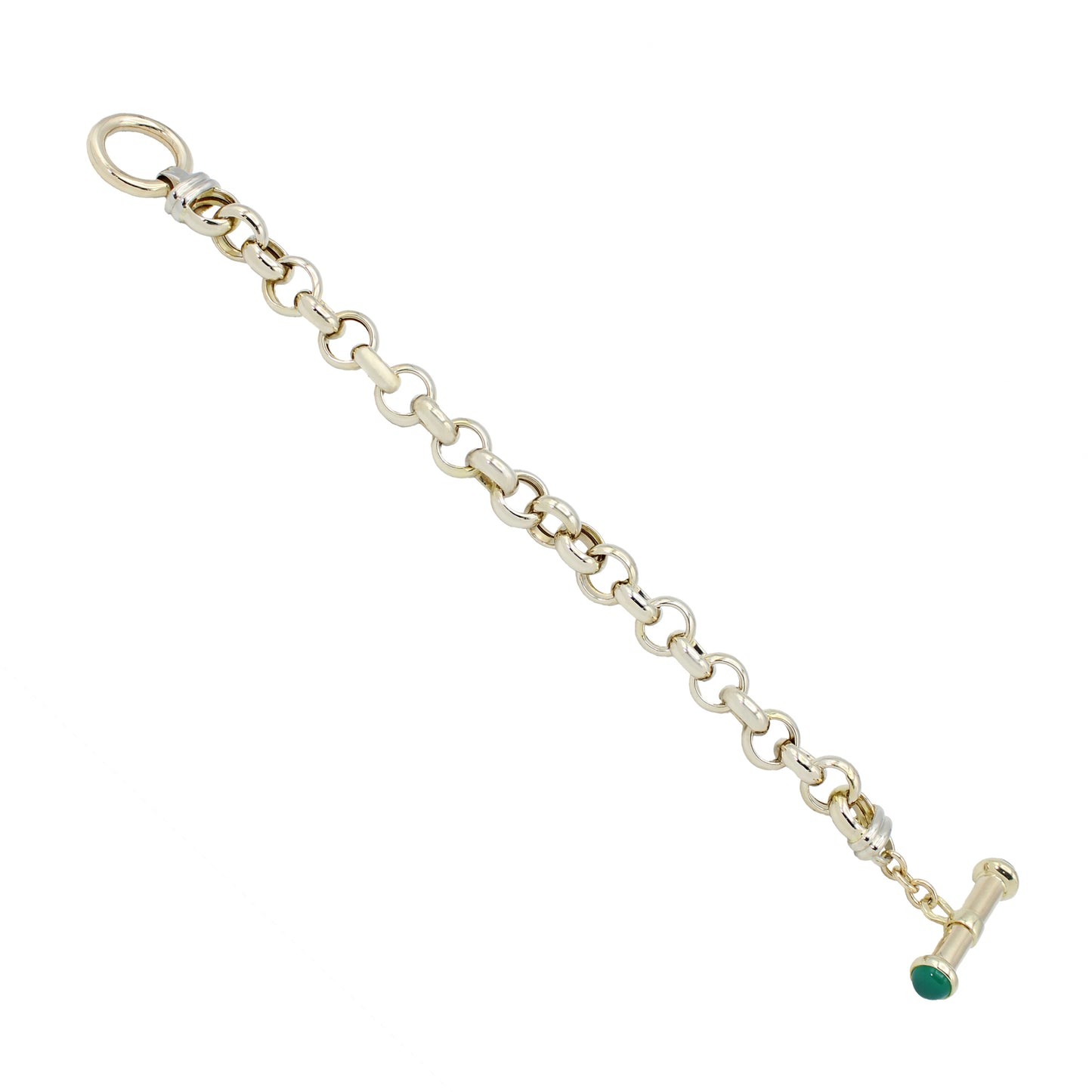 14k Two-Tone Gold Cabochon Emerald Rolo Link Style Bracelet