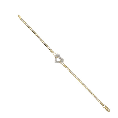 14k Two-Tone Gold Diamond Heart Figaro Link  Bracelet