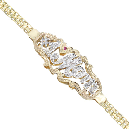 14k Two-Tone Gold #1 Mom Bismark Link Bracelet w/ Diamond & Ruby Stones