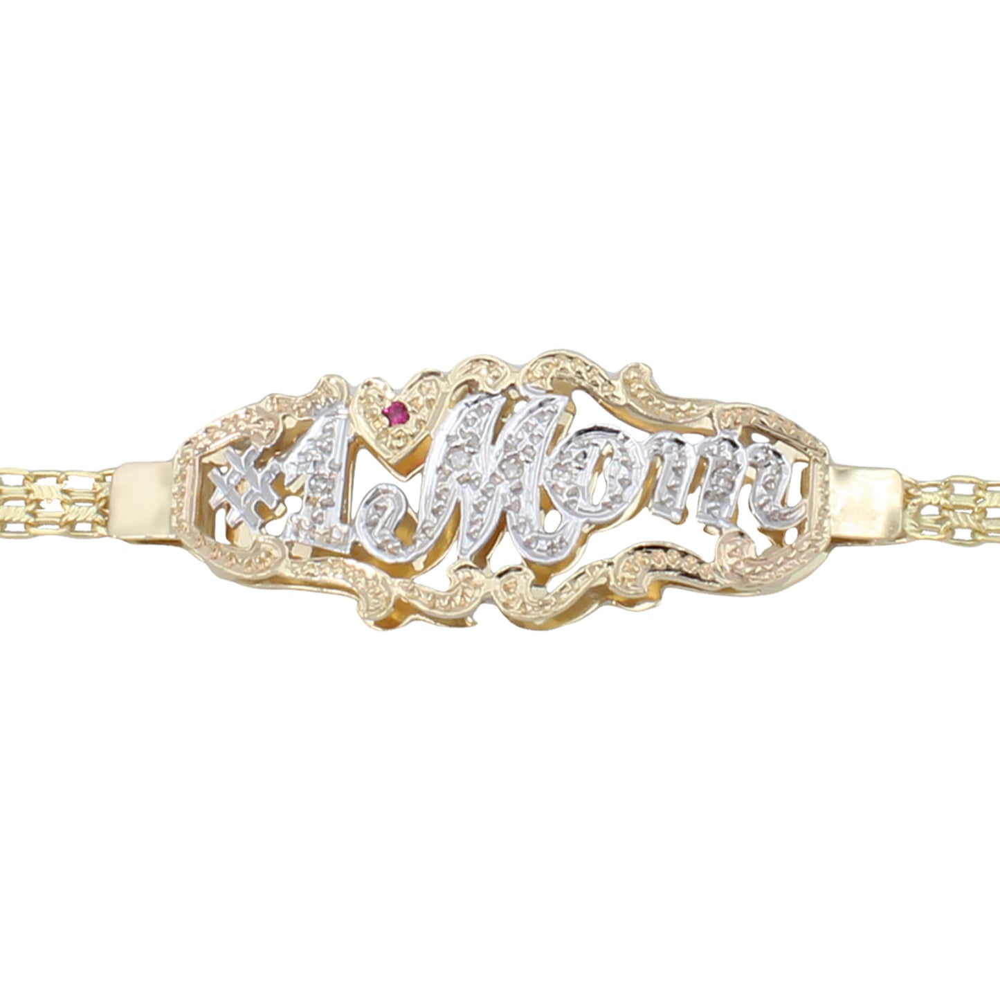 14k Two-Tone Gold #1 Mom Bismark Link Bracelet w/ Diamond & Ruby Stones