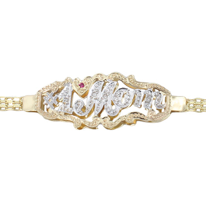 14k Two-Tone Gold #1 Mom Bismark Link Bracelet w/ Diamond & Ruby Stones