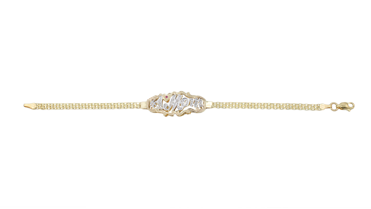 14k Two-Tone Gold #1 Mom Bismark Link Bracelet w/ Diamond & Ruby Stones