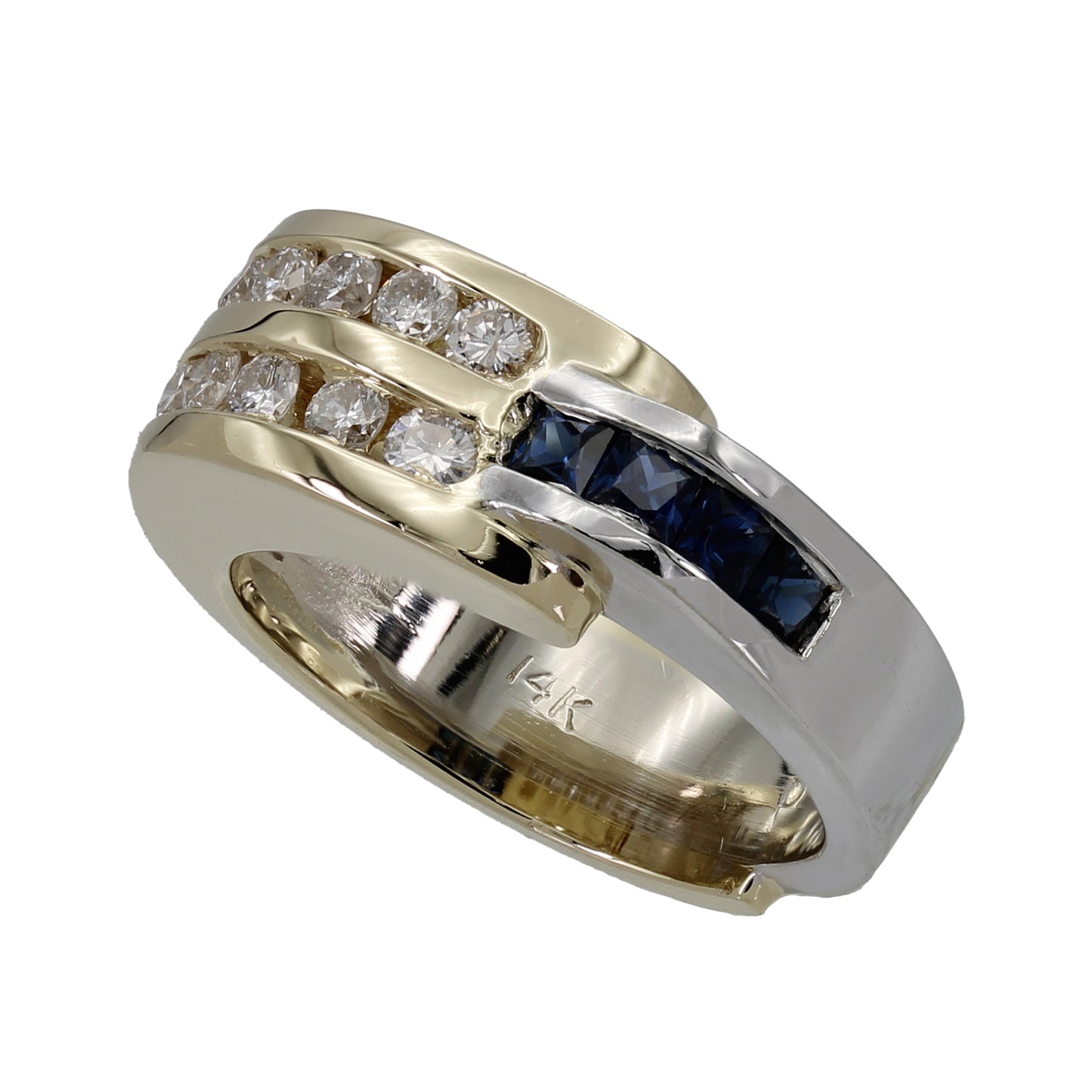 14k Two-Tone Gold Channel Set Diamond & Princess-Cut Sapphire Ring - 0.42ct TDW