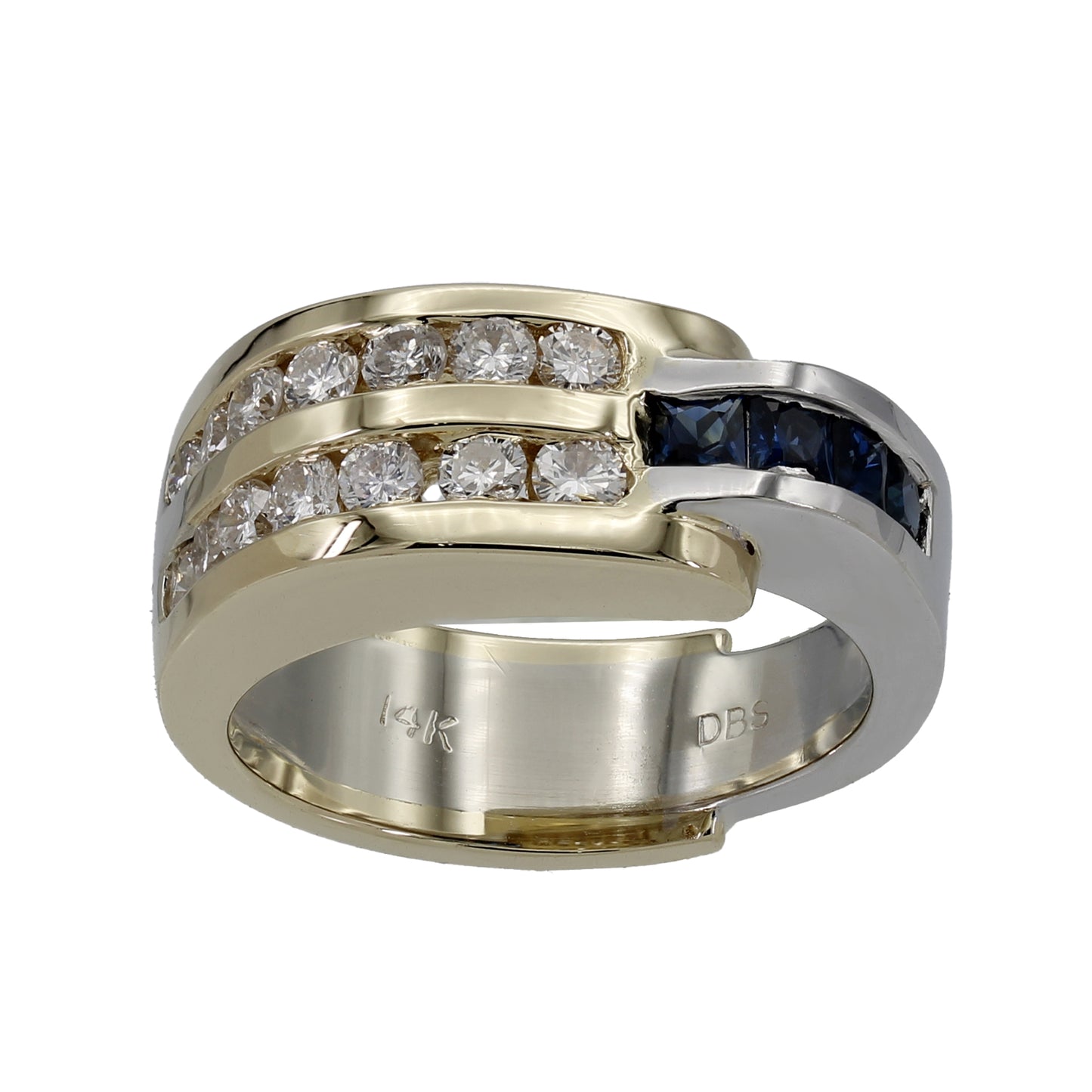 14k Two-Tone Gold Channel Set Diamond & Princess-Cut Sapphire Ring - 0.42ct TDW