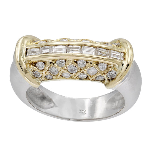 18k Two-Tone Baguette & Round Diamond Satin Finish Ring - 1.13ct TDW