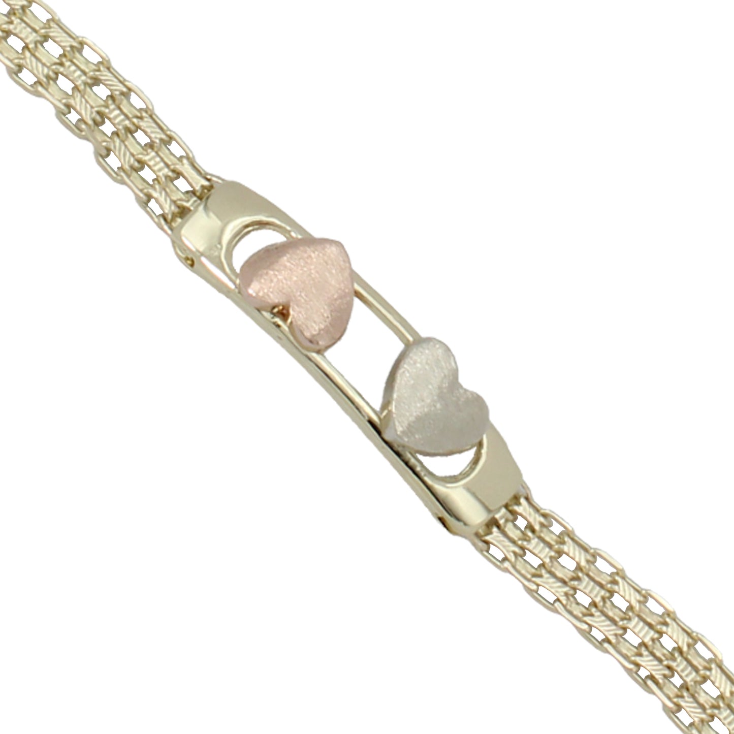 14k Tri-Color Gold Bismark Link Heart Bracelet