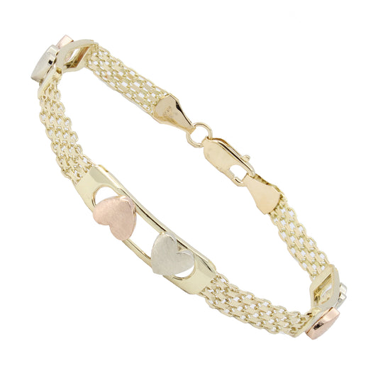 14k Tri-Color Gold Bismark Link Heart Bracelet