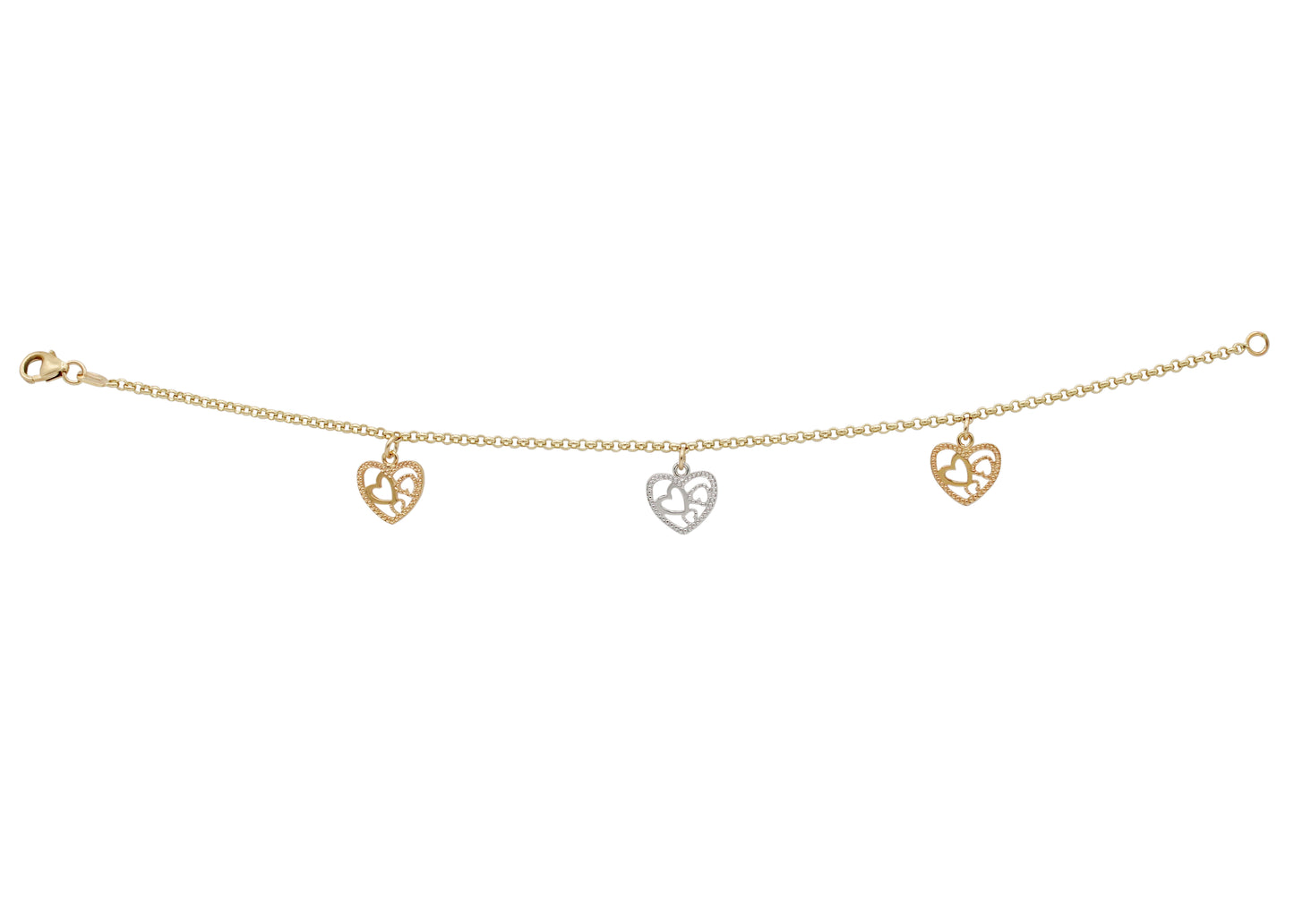 14k Tri-Color Dangling Heart Rolo Link Bracelet