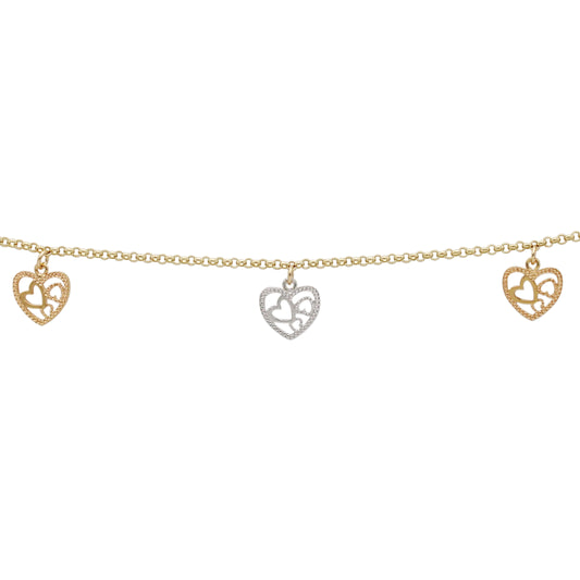 14k Tri-Color Dangling Heart Rolo Link Bracelet