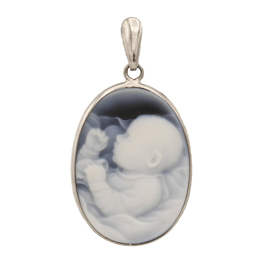 14k White Gold Oval Blue Cameo Baby Charm Pendant