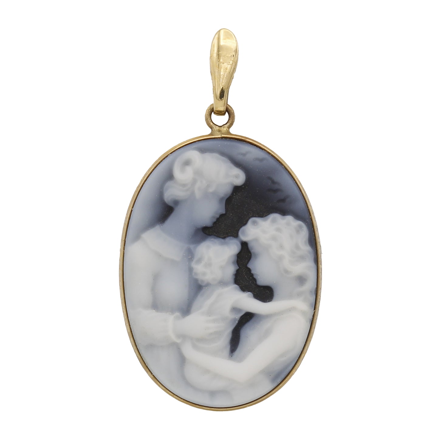 14k Yellow Gold Oval Blue Cameo Mom & Children Charm Pendant