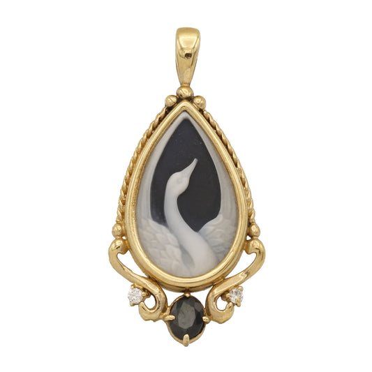 14k Yellow Gold Teardrop Blue Cameo Swan Charm Pendant