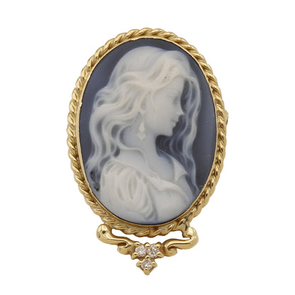 14k Yellow Gold Oval Diamond Blue Cameo Woman Brooch